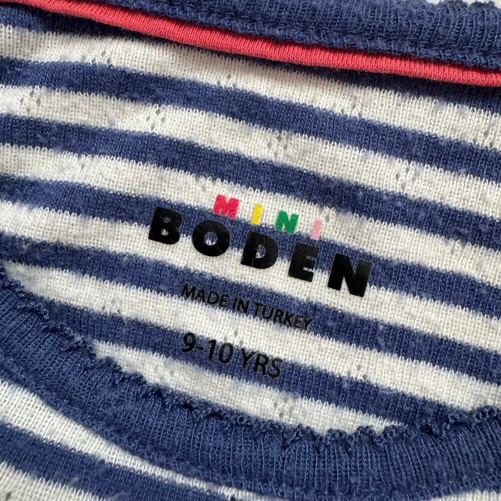 Mini Boden size 9-10 Blue and White Stripe Pointelle Top - Picture 3 of 3